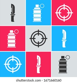 Coloque el icono de la navaja militar, la granada de mano y el deporte objetivo. Vector