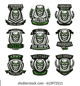 Set of military logos, emblems. Skull, helmet, glasses, soldier, ammunition. Vector illustration, printing on T-shirts