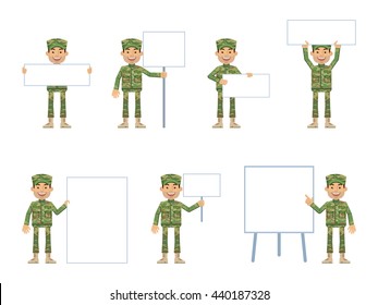 Set of military man characters posing with different blank banners. Cheerful soldier with paper, poster, placard, pointing to whiteboard, teach, advertise, promote. Flat style vector illustration