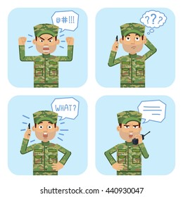 Set of military man characters posing in different situations. Cheerful soldier talking on phone, thinking, surprised, angry. Emoticon, emoji. Flat style vector illustration