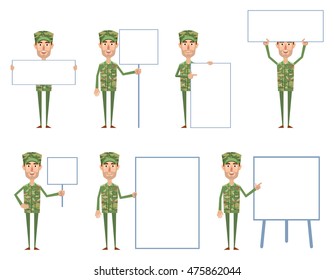 Set of military man characters posing with different blank banners. Cheerful soldier holding paper, placard, poster, pointing to whiteboard. Advertise, promote, teach. Flat vector illustration