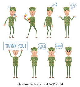 Set of military man characters posing in different situations. Cheerful soldier in camouflage karaoke singing, dancing, sleeping, thinking, laughing, surprised. Flat style vector illustration