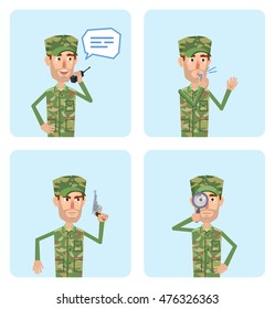 Set of military man characters posing in different situations. Cheerful soldier talking on phone, holding gun, magnifying glass, whistle. Flat style vector illustration