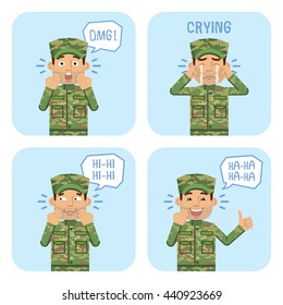 Set of military man characters showing different facial expressions. Cheerful soldier laughing, surprised, crying, showing thumb up gesture. Emoticon, emoji. Flat style vector illustration