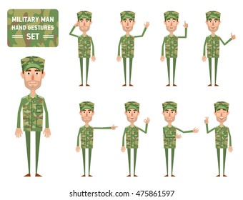 Set of military man characters showing different hand gestures. Cheerful soldier showing thumb up gesture, pointing up, greeting, waving, victory hand. Flat style vector illustration