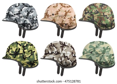 Set of Military modern camouflage helmets. Side view. Army and police symbol of defense. Vector Illustration Isolated on white background.