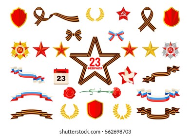 Set of military objects related to 23 February in flat style isolated on white background. Design elements for 23 February, 9 May, Victory day. Vector illustration.