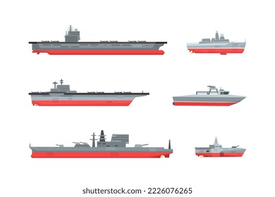 Conjunto de buques militares y de pasajeros. Camión cisterna, buque de carga y de pesca, transporte marítimo acelerado, ilustración vectorial plana