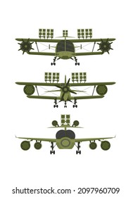 Stellen Sie die Frontansicht der Militärebene ein. Grüner Kämpfer mit Raketenwerfern.