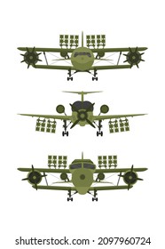 Stellen Sie die Frontansicht der Militärebene ein. Grüner Kämpfer mit Raketenwerfern.