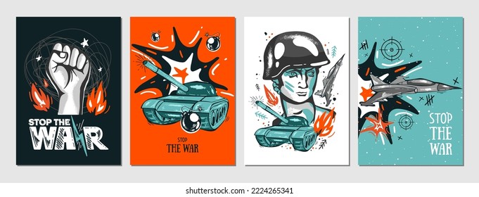 Set of military postcards. Stop the war. Hand-drawn lettering. Abstraction elements of war. Vector templates for card, poster, flyer, banner and other