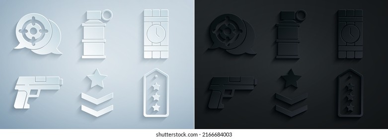 Set Military rank, Dynamite and timer clock, Pistol or gun, Hand smoke grenade and Target sport icon. Vector