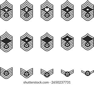 Conjunto de fileiras militares da Força Aérea, de sargento privado a sargento sênior, ícones das fileiras da Força Aérea na forma de silhuetas pretas.