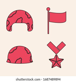Set Military reward medal , Military helmet , Flag  and Military helmet  icon. Vector
