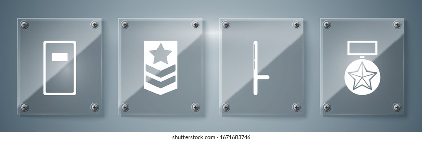Set Military reward medal , Police rubber baton , Chevron with star  and Police assault shield . Square glass panels. Vector