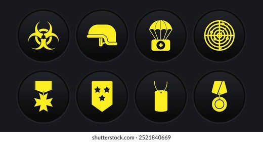 Set Military reward medal, Radar with targets, Chevron, dog tag, Parachute first aid kit, helmet,  and Biohazard symbol icon. Vector