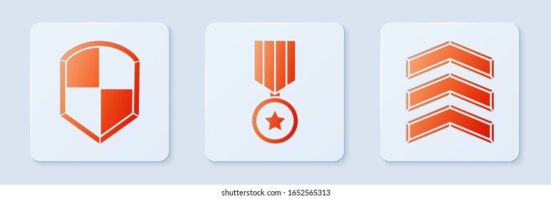 Set Military reward medal, Shield and Military rank. White square button. Vector