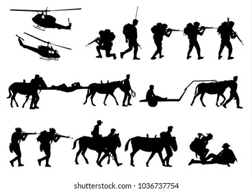 Set of military silhouettes, military vector illustration, Army soldiers, Military silhouettes background.