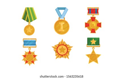 Set of military and sports medals. Vector illustration.