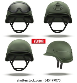 Set of Military tactical helmets of rapid reaction. Green color. Army and police symbol of defense. Vector illustration Isolated on white background. Editable.