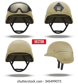 Set of Military tactical helmets of rapid reaction. Desert color. Army and police symbol of defense. Vector illustration Isolated on white background. Editable.