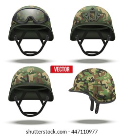 Set of Military tactical helmets of rapid reaction. camouflage color. Army and police symbol of defense. Vector illustration Isolated on white background. Editable.