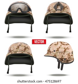 Set of Military tactical helmets of rapid reaction. Desert camouflage color. Army and police symbol. Editable Vector illustration Isolated on white background.