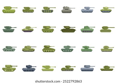 Conjunto de tanques militares, de varios modelos, apuntando hacia adelante, sobre un fondo blanco