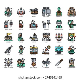 Conjunto de iconos perfectos de línea delgada militar y píxel para cualquier proyecto web y de aplicación. 