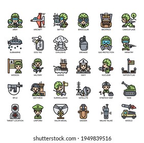 Conjunto de iconos perfectos de línea delgada militar y píxel para cualquier proyecto web y de aplicación. 
