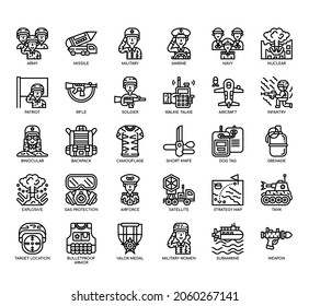 Conjunto de iconos perfectos de línea delgada militar y píxel para cualquier proyecto web y de aplicación. 