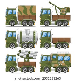 Conjunto de camiones militares. Vista lateral. Aislado sobre fondo blanco. Ilustración vectorial.