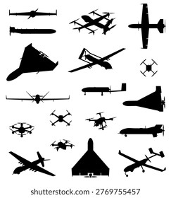 Set of military UAV drones silhouettes isolated on white background. Tactical unmanned aerial vehicles for surveillance, reconnaissance, warfare, border patrol, and security. Modern combat aviation