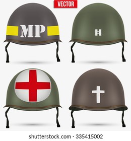 Set of Military US green helmet infantry of WWII. Insignia of medic, captain, police and chaplain. Vector illustration Isolated on white background. 