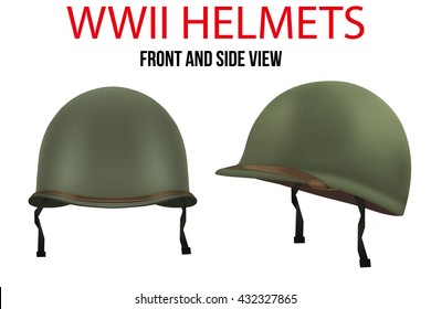 Set of Military US green helmets infantry of WWII. Side and front view. Metallic army symbol of defense. Vector illustration Isolated on white background.