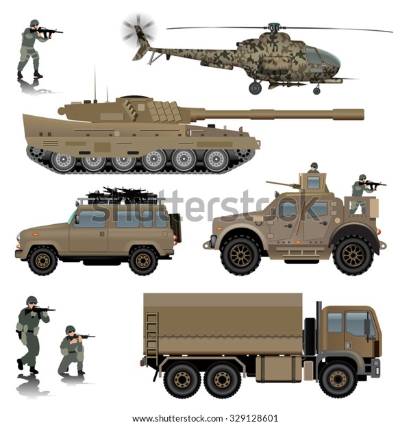 Set of military vehicles. Tank,\
helicopter, land vehicles and soldiers. Vector\
illustration
