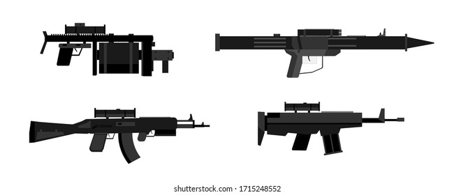 Set von militärischen Waffen die Pistole, Maschinengewehr, Gewehre, Gewehre, Granatwerfer, Revolver, Sammlung von flachen Waffen einzeln auf weißem Hintergrund, Vektorillustration-Illustration, eps.