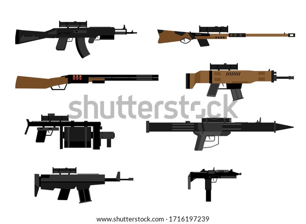 白い背景に武器のセット ピストル 機関銃 ライフル 銃 手榴弾発射器 リボルバー 平らな武器のコレクション ベクターイラスト Eps のベクター画像素材 ロイヤリティフリー