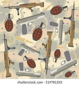 set of military weapons on the background of camouflage