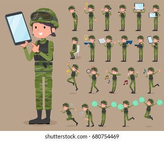 A set of military women with digital equipment such as smartphones.
There are actions that express emotions.
It's vector art so it's easy to edit.