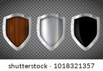 Set of military wooden and metal shield. Isolated on a transparent background. Stock vector illustration.
