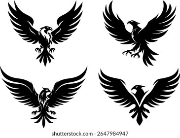 Set of military-style eagles in various poses, wearing camouflage and helmets, symbolizing power, patriotism, strength and national defense