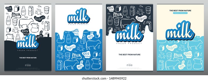 Set of Milk banners with hand draw doodle background