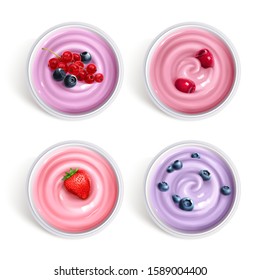 Set Of Milk And Berry, Cherry, Strawberry, Blueberry Yogurt Top View Isolated On White Background.