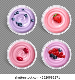 Conjunto de leche y baya, cereza, fresa, yogur de arándanos en la vista superior de fondo transparente. Ilustración vectorial