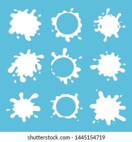 Set of milk blots and splashes. Fresh milk diary products symbols. Best for logo and packaging design. White vector splashes isolated on light blue background.