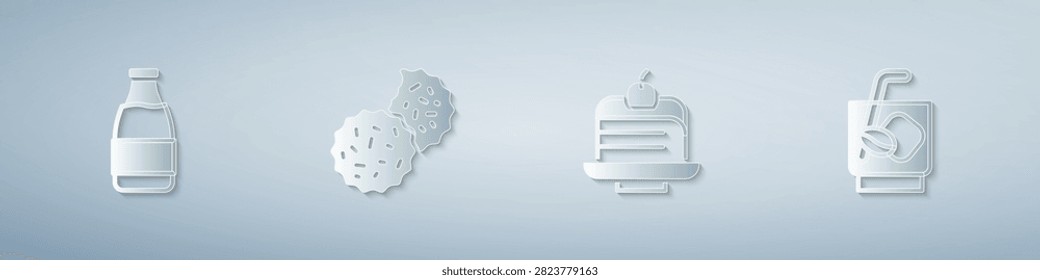 Set Milk bottle, Cookie or biscuit, Piece of cake and Espresso tonic coffee. Paper art style. Vector