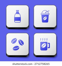 Set Milchflasche, Eiskaffee, Kaffeebohnen und Tassensymbol. Weißer quadratischer Knopf. Vektorgrafik