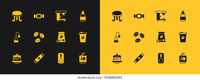 Set Milk bottle, Sugar stick packets, Bag of coffee beans, Coffee thermometer, machine, table and Candy icon. Vector