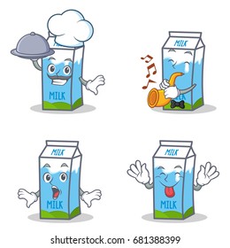 Set of milk box character with chef trumpet surprised tongue out